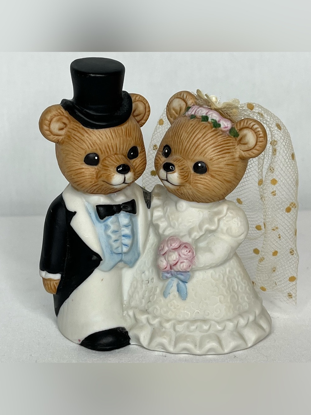 Vintage Homco #1424 Porcelain Teddy Bear Bride and Groom. 3.75" Tall. Wedding